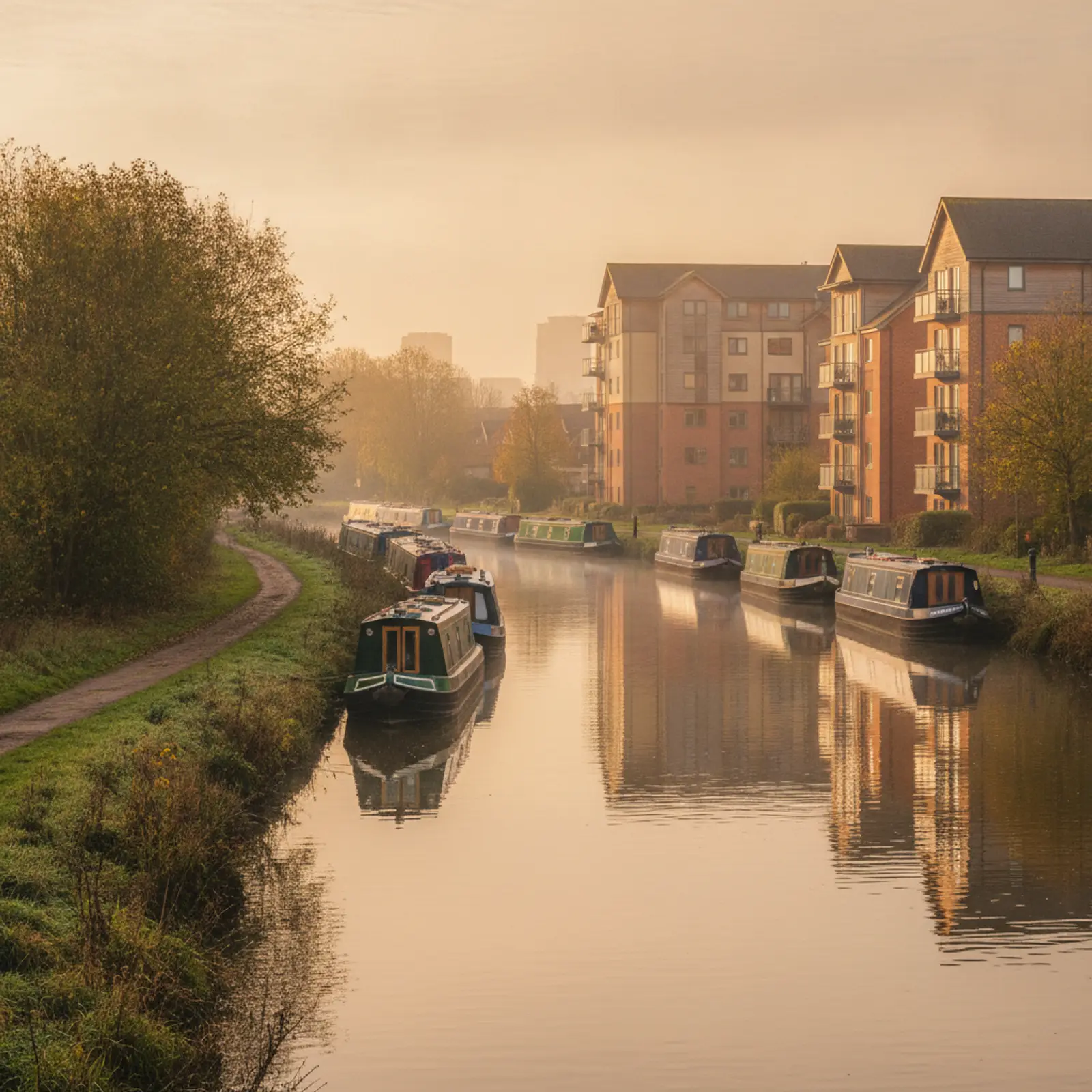 Narrowboats moored on a calm river towpath at dawn