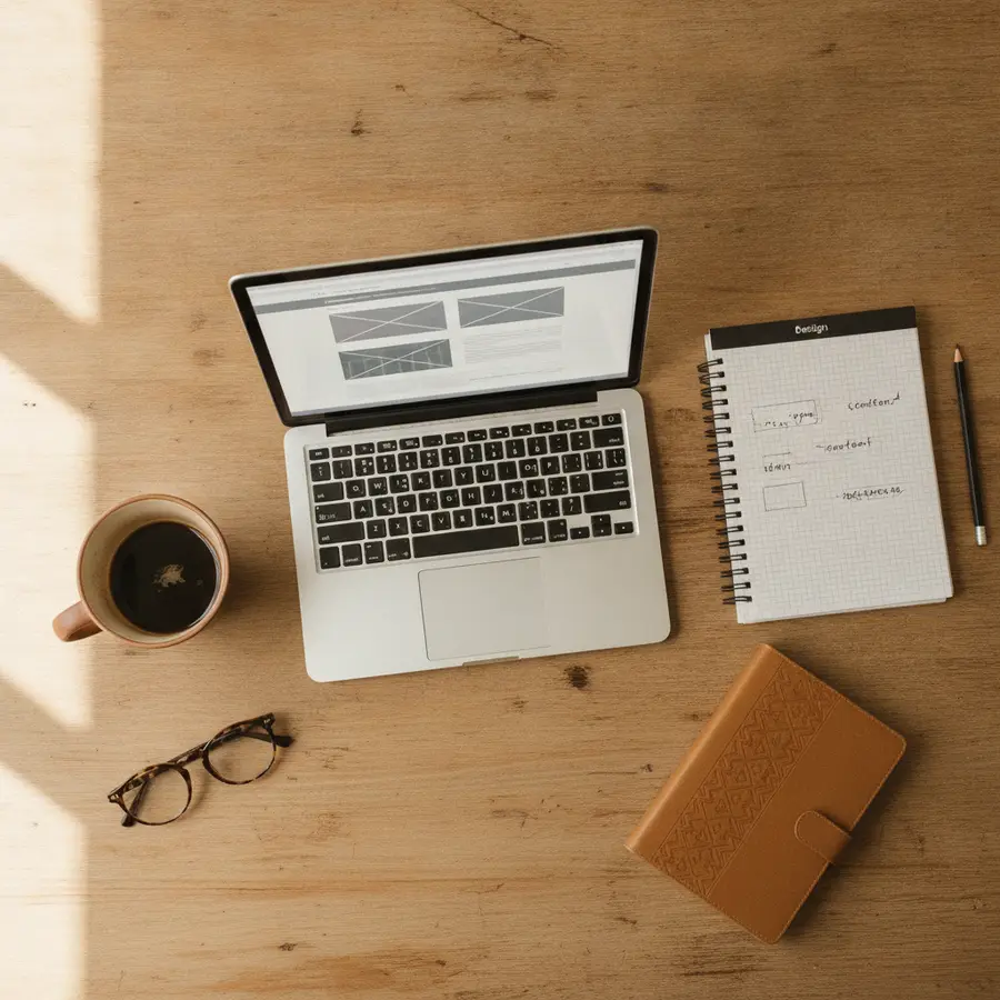 Desk with a laptop showing a website wireframe and a notebook of keyword notes
