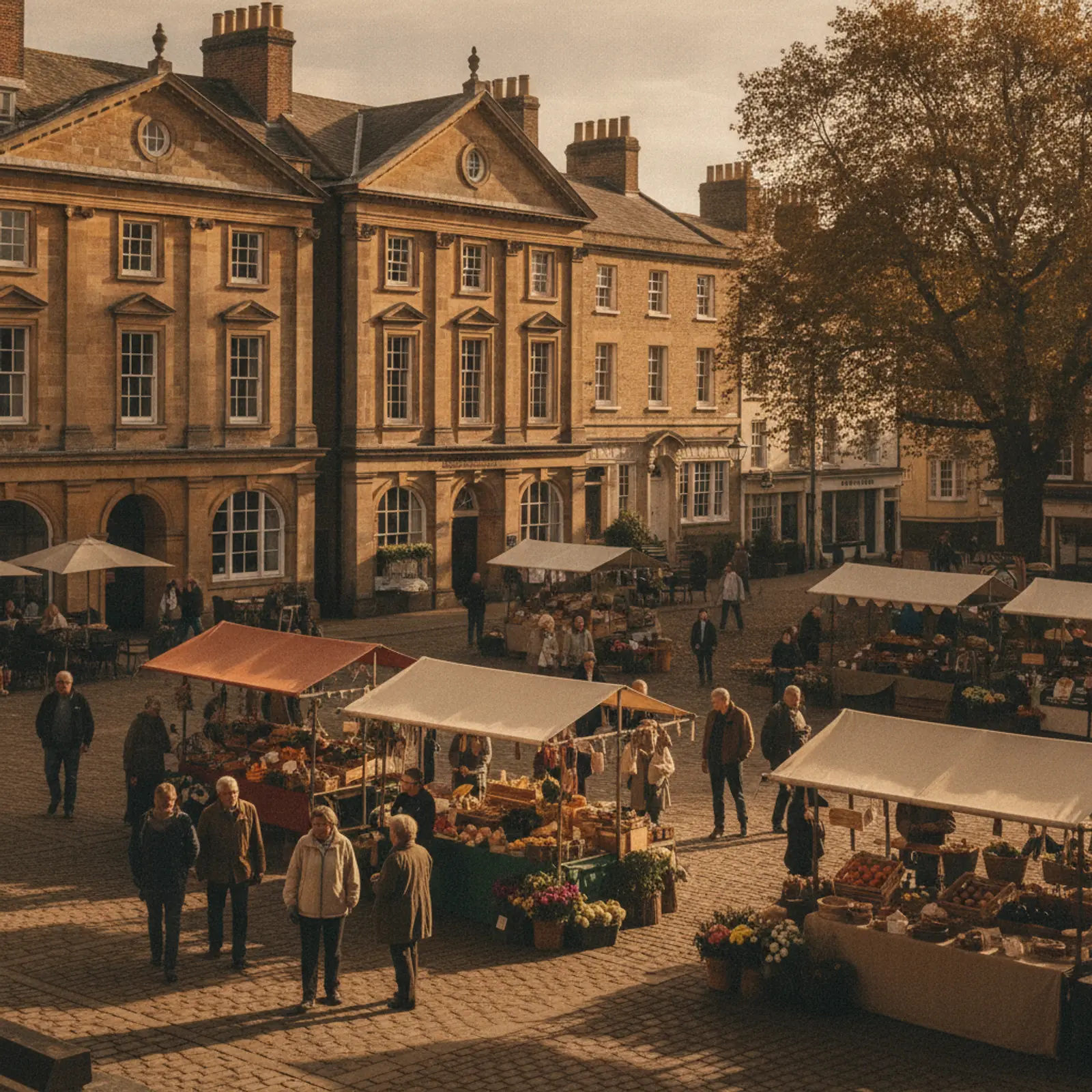 Historic market square with stalls and Georgian buildings