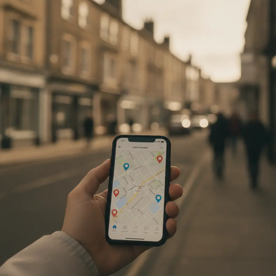 Hand holding a phone showing local map search results on a high street