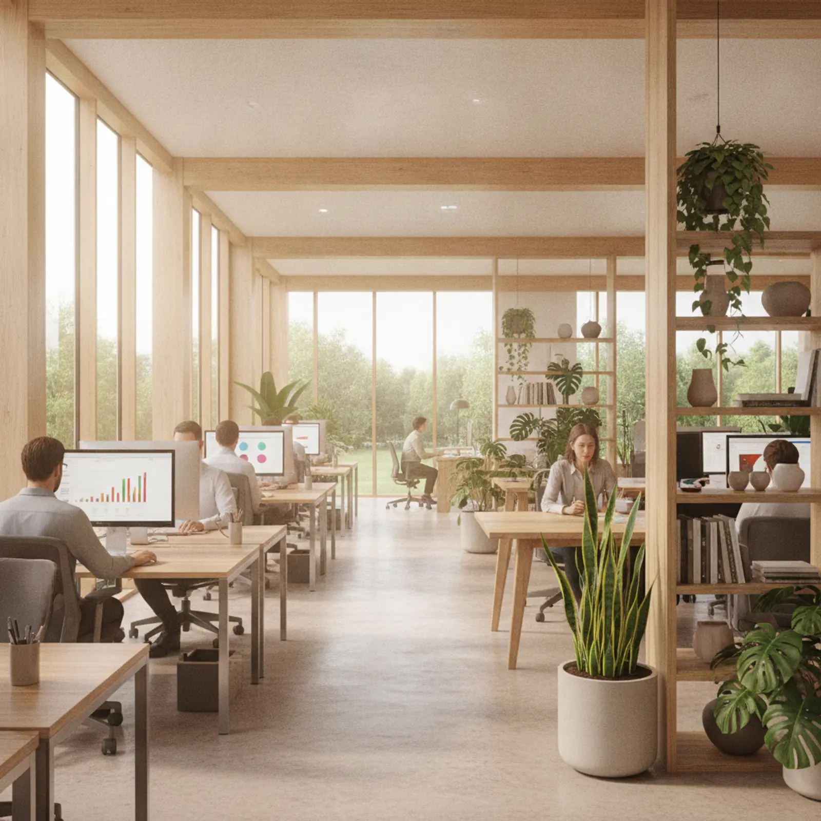 Open-plan office with people working at screens showing charts
