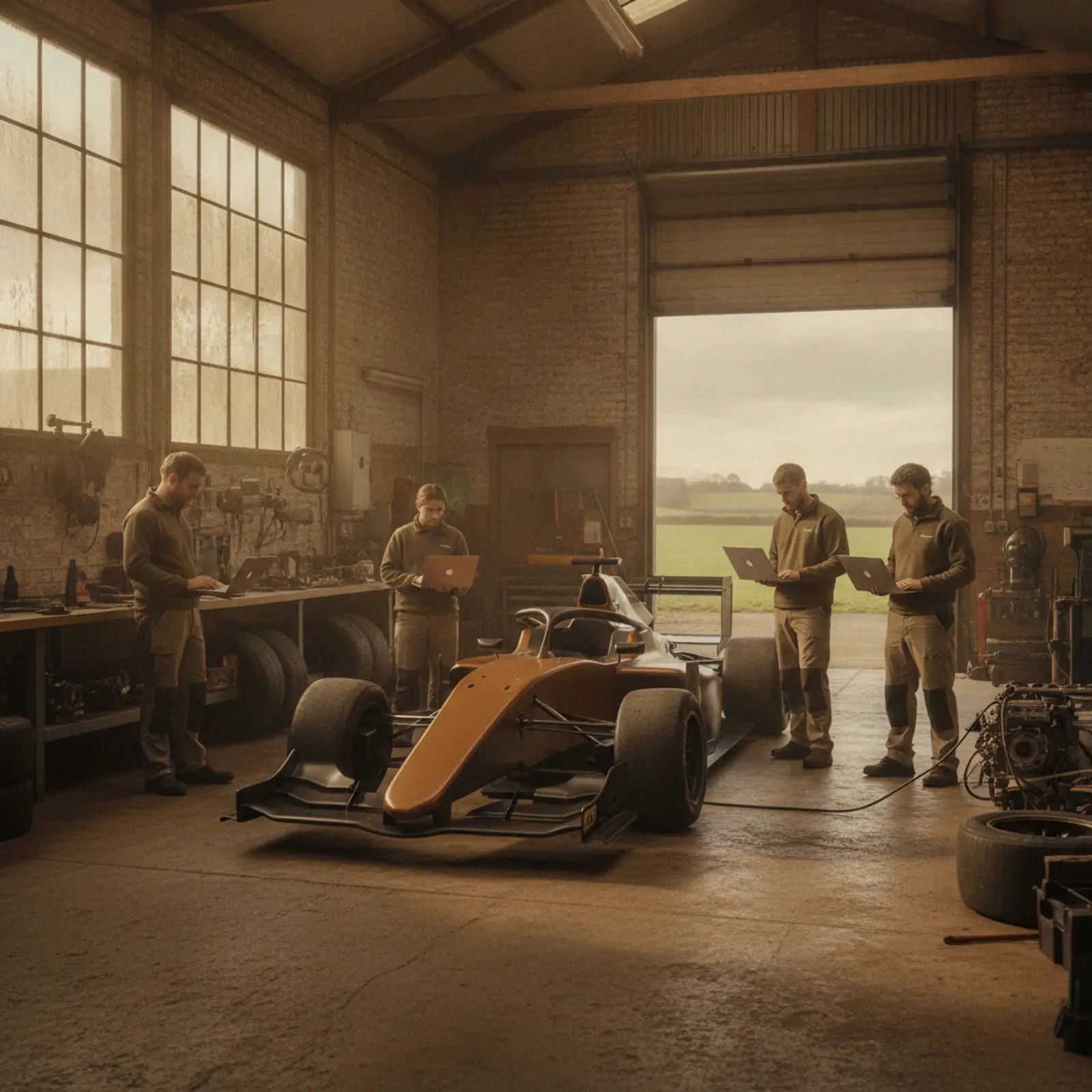 Engineers with laptops beside a single-seater racing car in a workshop